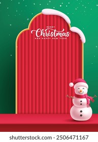 Christmas paper cut backdrop vector poster design. Snow man character with merry christmas and happy new year greeting text in curtains paper cut podium. Vector illustration holiday season poster 