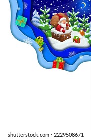 Christmas paper cut banner, cartoon santa with gifts on roof. Vector double exposition 3d design for xmas holidays with funny father noel stuck in chimney at xmas eve. Saint Nicholas deliver presents