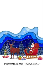 Christmas paper cut banner, cartoon Santa on sleigh. Vector template with 3d papercut layered effect, vertical blank card with Noel riding sled in night forest with gifts, snow and funny elf helper