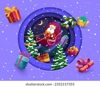 Christmas paper cut banner with flying santa on sleigh and holiday presents. Vector greeting card with 3d effect double exposition round frame. Noel in sled at snowy festive eve night with moon