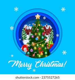 Christmas paper cut banner with holiday tree and winter town landscape. Xmas winter holiday 3d vector banner or backdrop. New Year and Christmas greeting card with decorated toys and garlands spruce