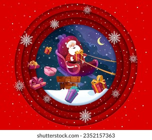 Cartel de papel de Navidad cortado con regalo y caricatura de santa en la chimenea de la azotea. Tarjeta de saludo vectorial con marco redondo de doble exposición de efecto 3d, Noel en trineo en techo de cabaña nevado en noche de vacaciones