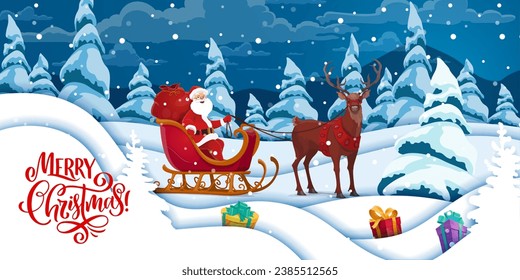 Christmas paper cut banner with Santa on sleigh and gifts on snow waves. Vector holiday xmas 3d papercut with Father Noel deliver gifts by deer sled at night forest landscape with trees and snowfall