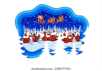 Christmas paper cut banner with Santa on sleigh and winter snowy town, vector cartoon papercut. Christmas winter holidays card with Santa and gifts bag on reindeer sleigh in paper cut layers