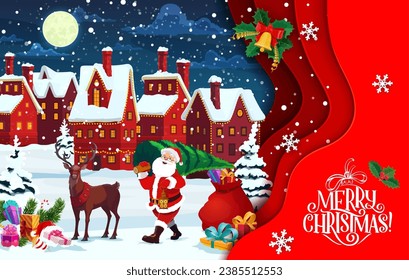 Christmas paper cut card with Santa, pine tree and winter town landscape. Vector double exposition 3d effect greeting card with funny Saint Nicholas carry spruce and lantern at night snowy cityscape