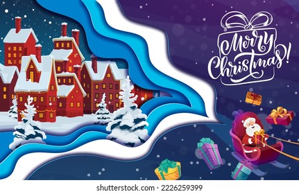 Cortado de papel de Navidad, dibujo de Santa en trineo con regalos, fondo vectorial de vacaciones. Feliz papeleo navideño o corte en 3d con Santa montando trineo en la nieve en ciudad invernal con árboles de navidad y luces