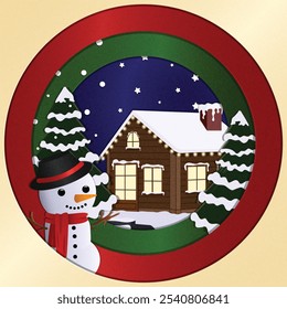 Christmas Paper Cut Detailed Illustration with Grain Texture. Snowman, Fir Trees, Night Starry Sky and Snow Covered Wooden Cabin 