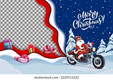 Christmas paper cut frame with cartoon Santa on bike and vector Xmas gifts. Santa Claus character riding motorcycle through winter holiday forest, 3d layered papercut wavy borders and Xmas presents