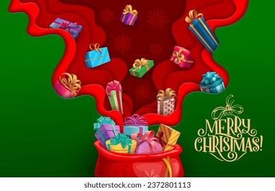 Christmas paper cut gifts bag and falling holiday presents. Xmas or New Year celebration, Christmas presents 3d vector wallpaper Winter holiday papercut background with gifts falling in Santa red sack