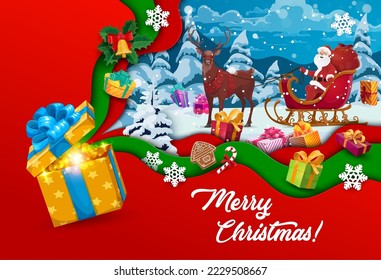 Christmas paper cut gifts, snowflakes and cartoon santa on sleigh. Vector holiday xmas papercut art with 3d layers, cheerful father noel riding reindeer sled at night forest landscape with snowfall