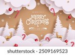 Christmas paper cut greeting card vector design. Merry christmas and happy new year with paper cut clouds, pine tree, fir tree and xmas decoration elements in brown template. Vector illustration 