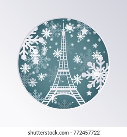 Christmas Paper Cut Greeting Card with Eiffel Tower in Paris France. Vector Illustration. Happy New Year Concept with Snowflakes.