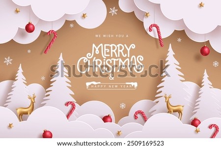 Christmas paper cut greeting card vector design. Merry christmas and happy new year with paper cut clouds, pine tree, fir tree and xmas decoration elements in brown template. Vector illustration 