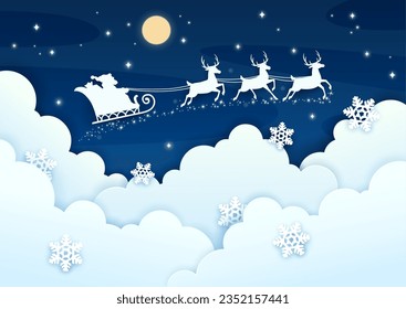 Christmas paper cut greeting with Santa sleigh silhouette on night cloudy sky. Vector xmas holiday papercut art with father Noel rides reindeer sled over cloudscape with layered 3d fluffy cloud effect