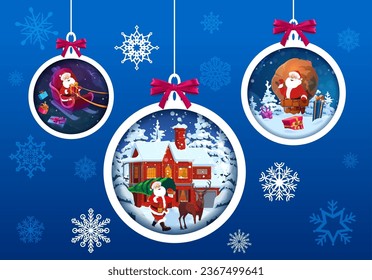 Christmas paper cut holiday baubles with Santa. Vector 3d effect round frames in shape of xmas toys hang on strings with Father Noel riding sleigh, carry holiday pine tree and sack with gifts in wood