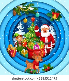 Christmas paper cut holiday character near pine tree. Santa, deer and elf in winter forest with gifts bag. Vector Xmas papercut double exposition 3d effect frame with Father Noel, presents and helper