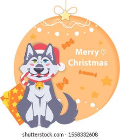 Christmas paper cut illustration, a husky dog with colorful eyes ​​in a New Year's cap holds a candy cane in the mouth against the background of a Christmas ball with a decor of stars and sweet