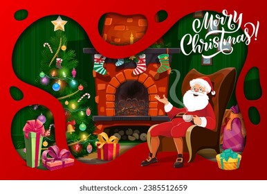 Papel de Navidad cortado en el interior, Santa en silla cerca de la chimenea. Tarjeta de bienvenida vectorial con doble exposición de cuadros 3d, el padre Noel se relaja en el sillón en casa en la noche festiva. Celebración de Nochebuena