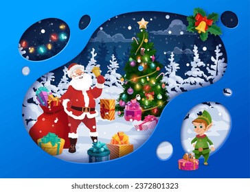 Christmas paper cut landscape with presents on snow, Santa with bell and elf. Vector Noel and gnome near decorated holiday pine tree in night wood. 3d layered effect card with funny Xmas personages