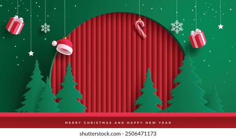 Christmas paper cut podium vector banner design. Merry christmas and happy new year greeting text with pine tree paper cut and curtains fold backdrop. Vector illustration product display banner. 
