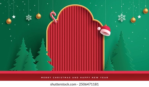 Diseño de Anuncio de Vector de podio cortado en papel de Navidades. Feliz Navidad y feliz año nuevo texto de saludo con cortina plegable, corte de papel de pino y Elementos de decoración colgantes. producto de Ilustración vectorial 