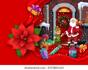 Christmas paper cut poinsettia, Santa with elf and holiday door wreath. Vector Xmas papercut double exposition 3d effect frame with Father Noel, colorful presents and helper near decorated doorway