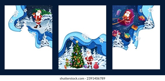 Christmas paper cut posters and greeting cards. Cartoon santa with gift bag flying on sleigh and carry pine tree. Vector holiday greeting card templates with funny Father Noel near decorated spruce