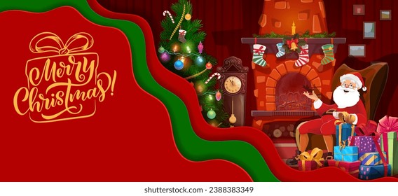 Christmas paper cut santa near holiday fireplace and decorated pine tree. Vector 3d effect greeting card with layered frame, Father Noel relax on chair at home in festive night. Xmas eve celebration