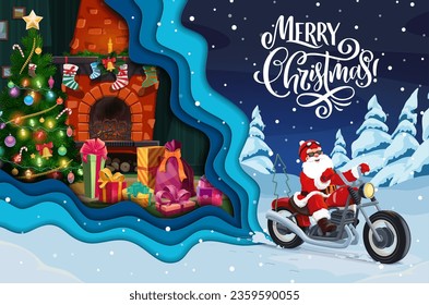 Christmas paper cut santa on bike and holiday fireplace interior. Vector xmas greeting card with cool father Noel wear helmet and red costume riding motorbike and home with fire place, gifts and tree