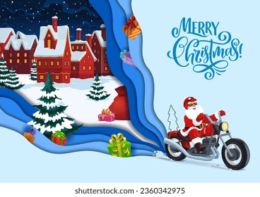 Christmas paper cut santa on bike and winter town with gifts on snow. Vector greeting card or banner with funny Father Noel biker hurry to kids at night countryside. 3d layered effect papercut design