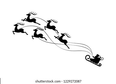 Christmas paper cut sledding Santa Claus with five deers running uphill. Black foreground and white back ground. Handmade postcard vector illustration