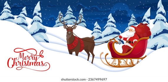 Christmas paper cut snow, cartoon Santa with reindeer and sleigh. Vector holiday xmas 3d papercut art with Father Noel deliver gifts by deer sled at night forest landscape with trees and snowfall