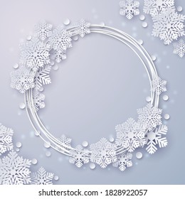 Christmas Paper Cut Snowflake And Circle Frame On Light Purple Blue Background, Vector Abstract Origami, 3d For Greeting, Invitation And Happy New Year Card 