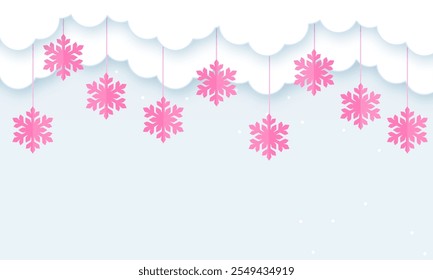 Christmas paper cut vector banner design. Merry christmas and happy new year greeting  text with paper cut pine tree and clouds decoration elements. Vector illustration white greeting