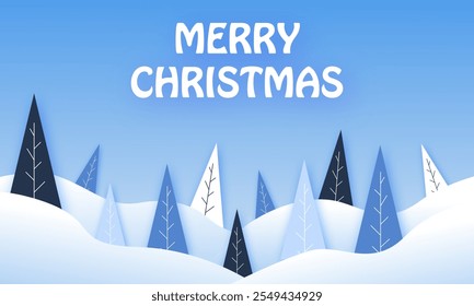 Christmas paper cut vector banner design. Merry christmas and happy new year greeting  text with paper cut pine tree and clouds decoration elements. Vector illustration white greeting