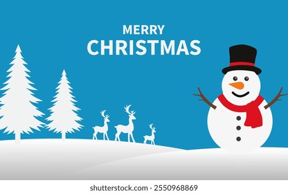 Christmas paper cut vector banner design. Merry Christmas and new year greeting text with paper cut snowman, reindeer, pine tree.