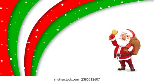 El papel de Navidad cortó las olas con el divertido Santa con timbre de jingle. Tarjeta de saludo vectorial con borde 3d en capas en colores navideños y San Nicolás con bolsa dentro del marco de papel