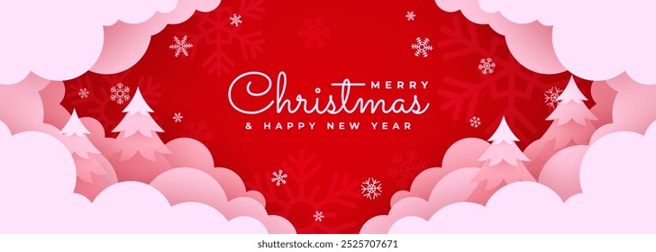 Christmas Paper Cutout Style - Red Background with Snowflakes and Pine Trees for Merry Christmas and Happy New Year Greeting Card