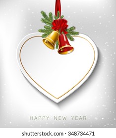 Christmas paper heart card. Christmas And New Year Background with tree branches and bells.  Vector illustration.