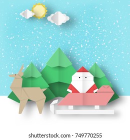 Christmas paper landscape. Winter scene origami Santa Claus and reindeer is coming for Xmas. Vector holiday background.