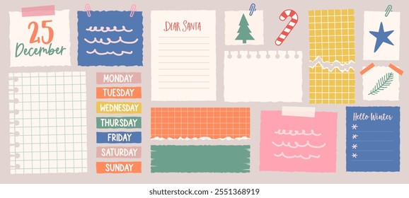 Christmas Paper Notes. Christmas clipart for party, designs, cards, invitations, fabrics, prints, stickers. Retro vector Illustration.