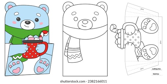 Christmas paper pocket with bear for advent calendar. Coloring page for kids creativity