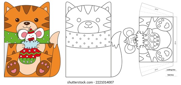 Christmas paper pocket with cat for advent calendar. Coloring page for kids creativity