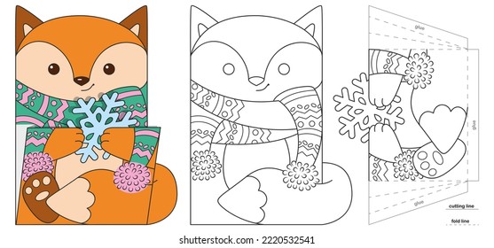 Christmas paper pocket with fox for advent calendar. Coloring page for kids creativity