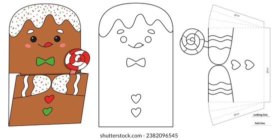 Christmas paper pocket with gingerbread for advent calendar. Coloring page for kids creativity