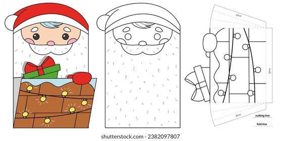 Christmas paper pocket with Santa Claus for advent calendar. Coloring page for kids creativity