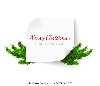 Christmas paper realistic vector illustration. White curl paper with curved corners and christmas tree branches isolated on white background