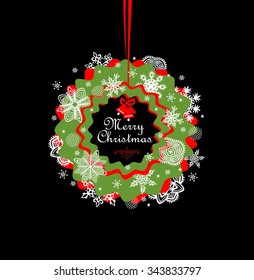 Christmas paper red and green hanging wreath with snowflakes