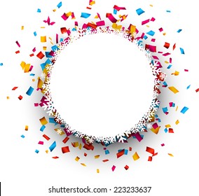 Christmas paper round bauble over colorful confetti. Vector background. 