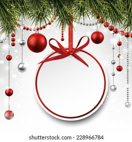 Christmas paper round card. Winter background with spruce twigs and red baubles. Eps10. 